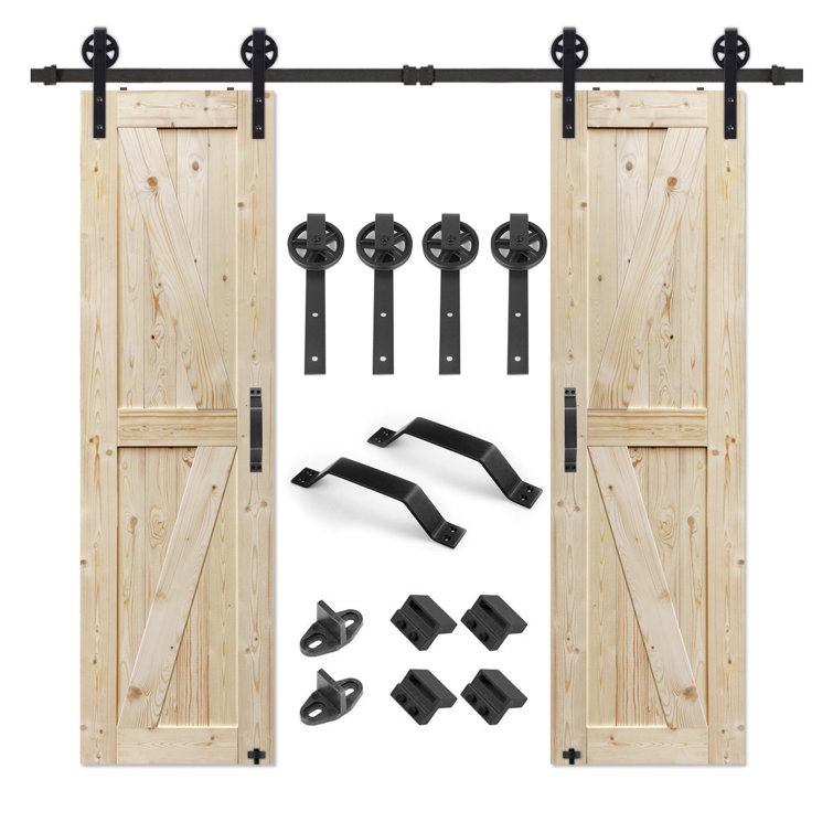 S&Z TOPHAND Paneled Wood Unfinished Double Barn Door with Installation